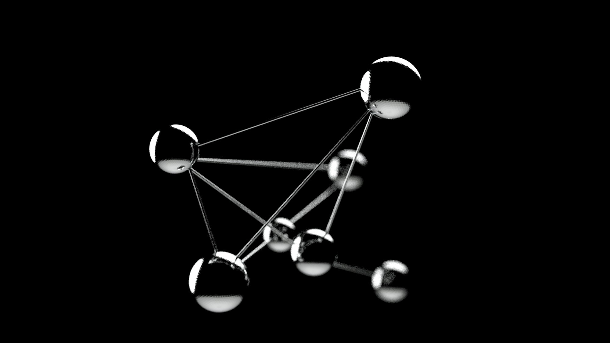 Black and white photo of a network of interconnected spheres