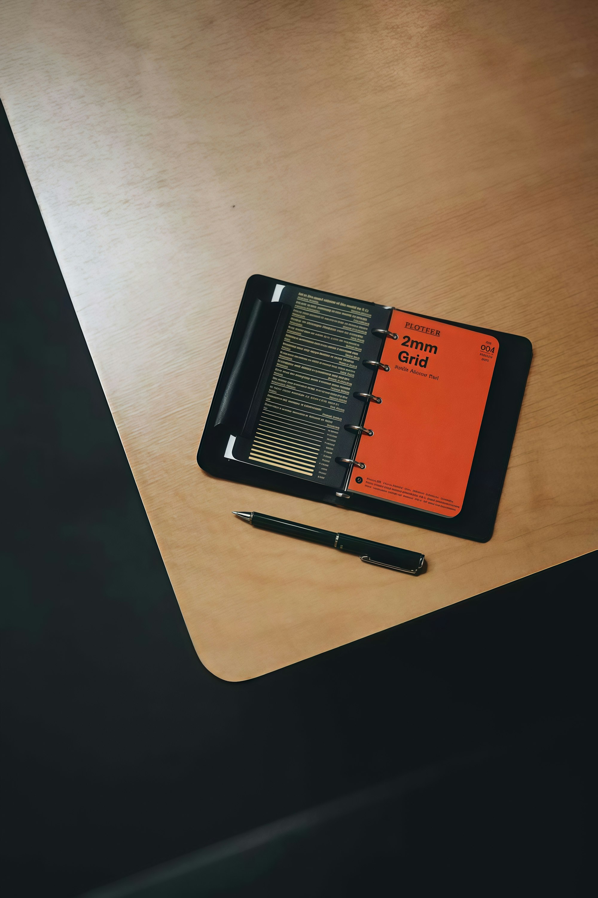 Black planner with a pen on a wooden desk
