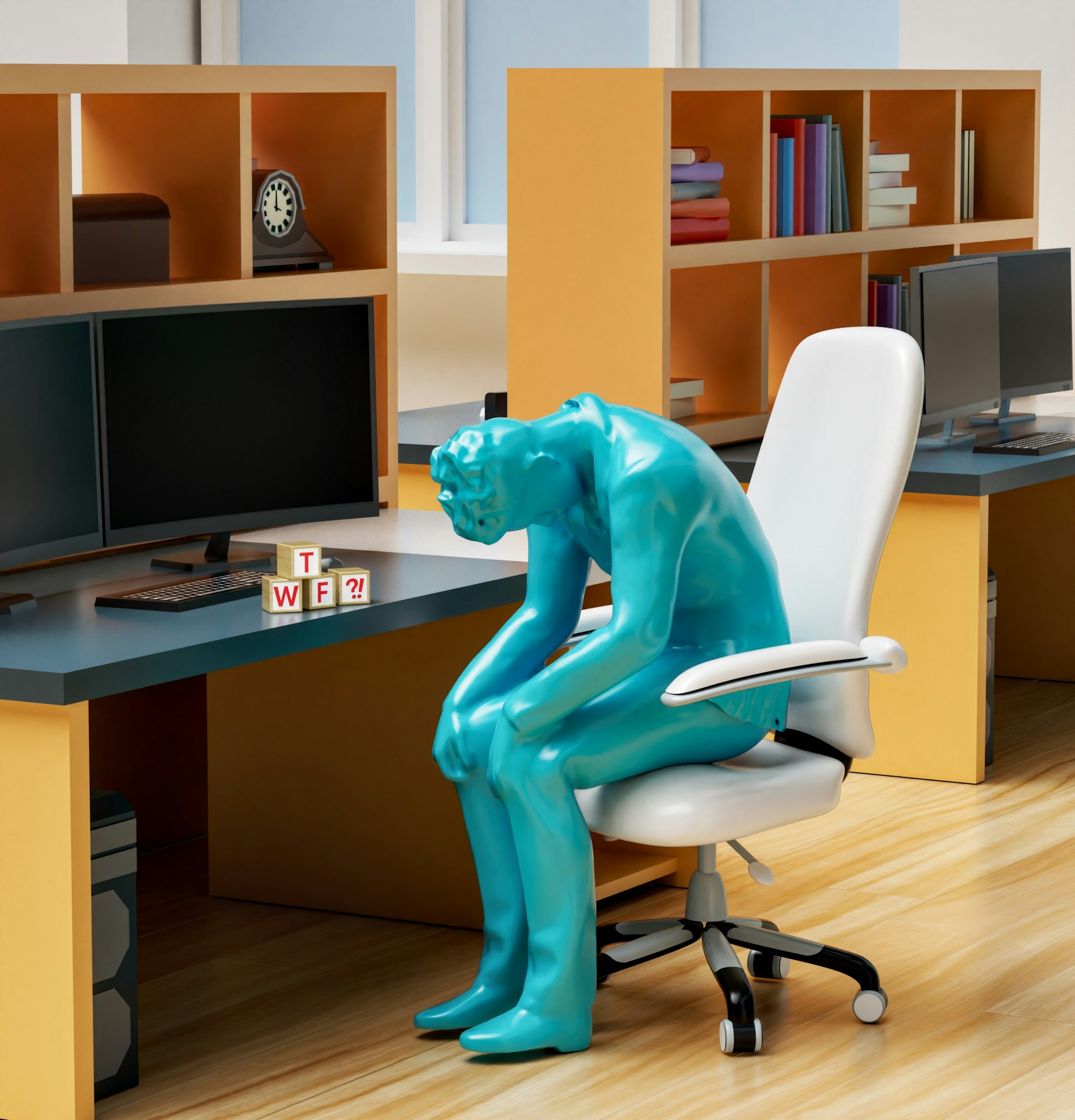 A statue of a person sitting on a chair in front of a desk