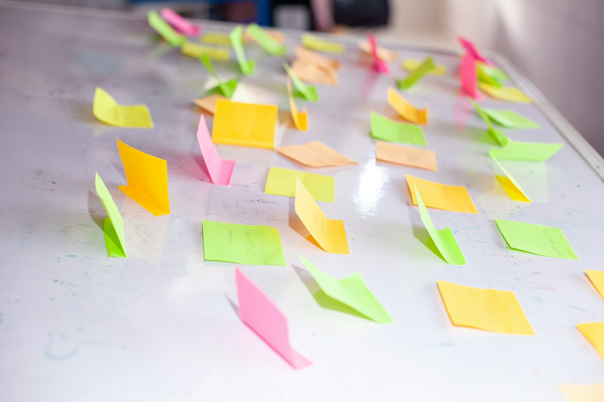 Colorful sticky notes scattered on a white board