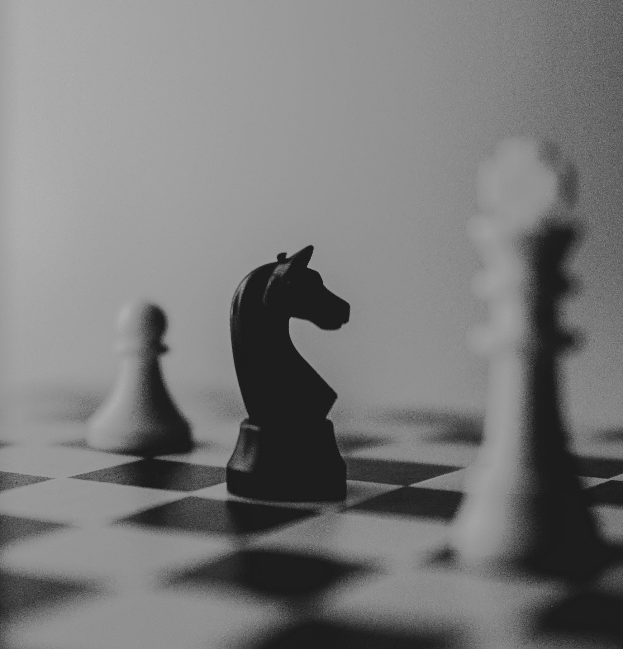 A black knight chess piece on a board