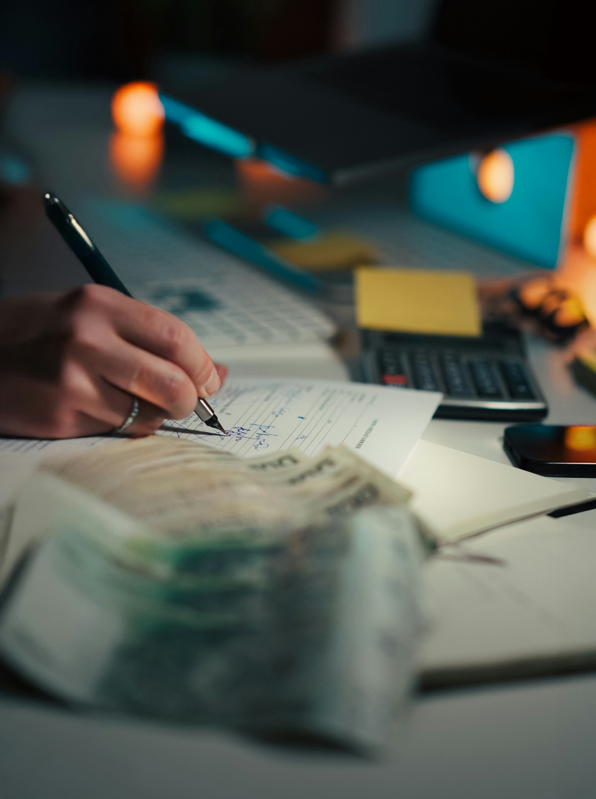 Hand writing in notebook with calculator and cash on desk