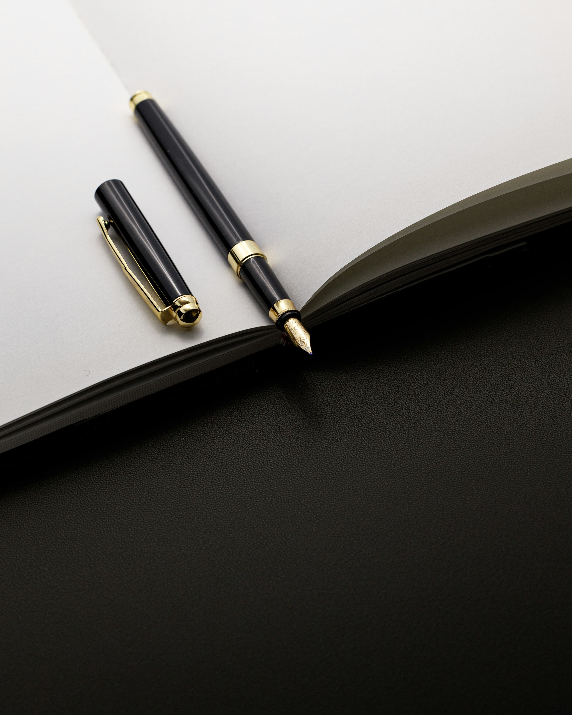 A black and gold pen resting on an open notebook