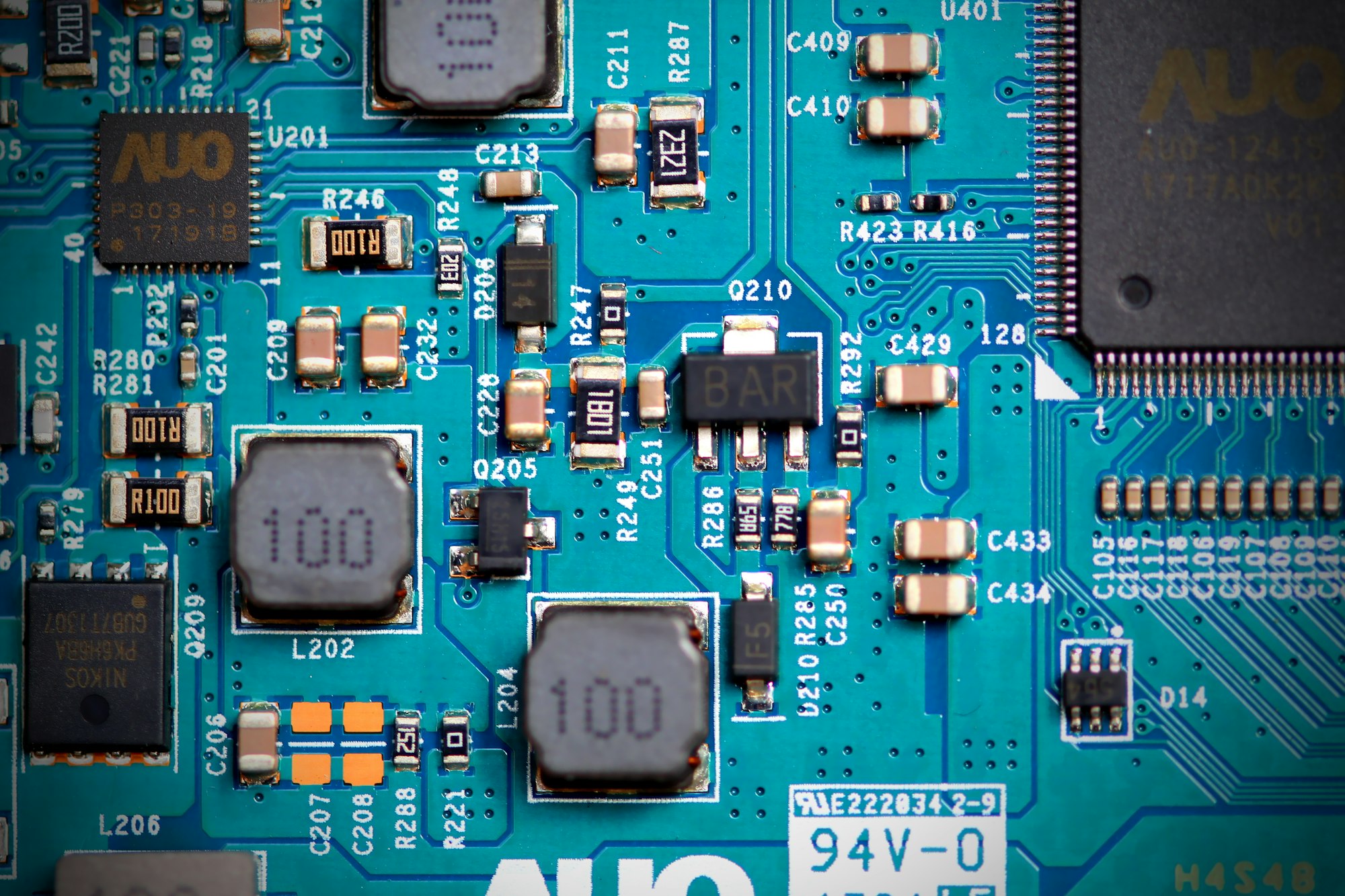 A close-up of an electronic circuit board