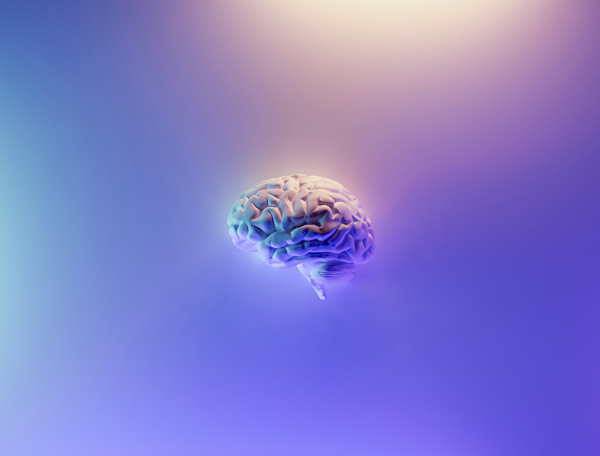 An iridescent abstract brain render on a blue-purple background