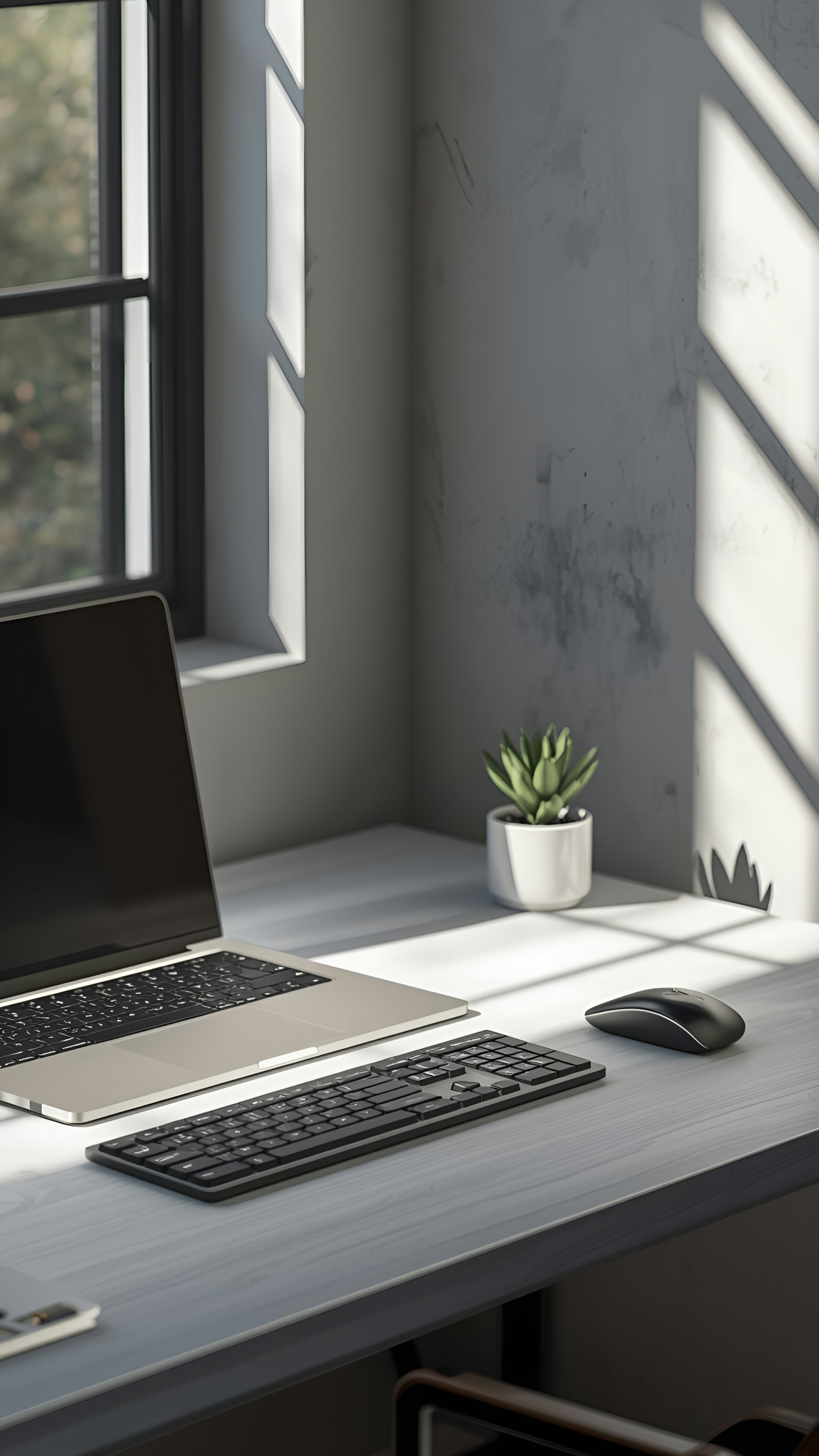 Laptop, keyboard, and mouse on a desk with sunlight.