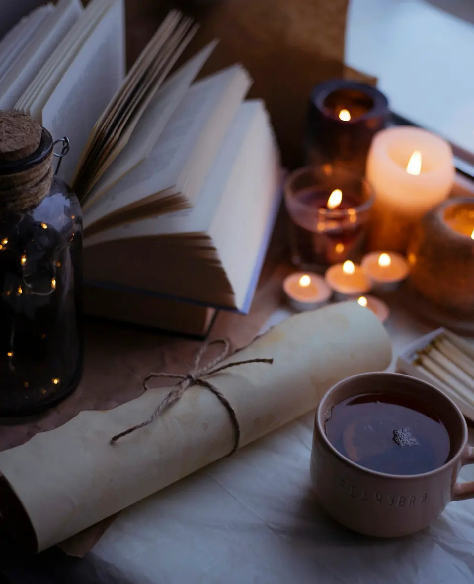 Open books, lit candles, and a mug on a table
