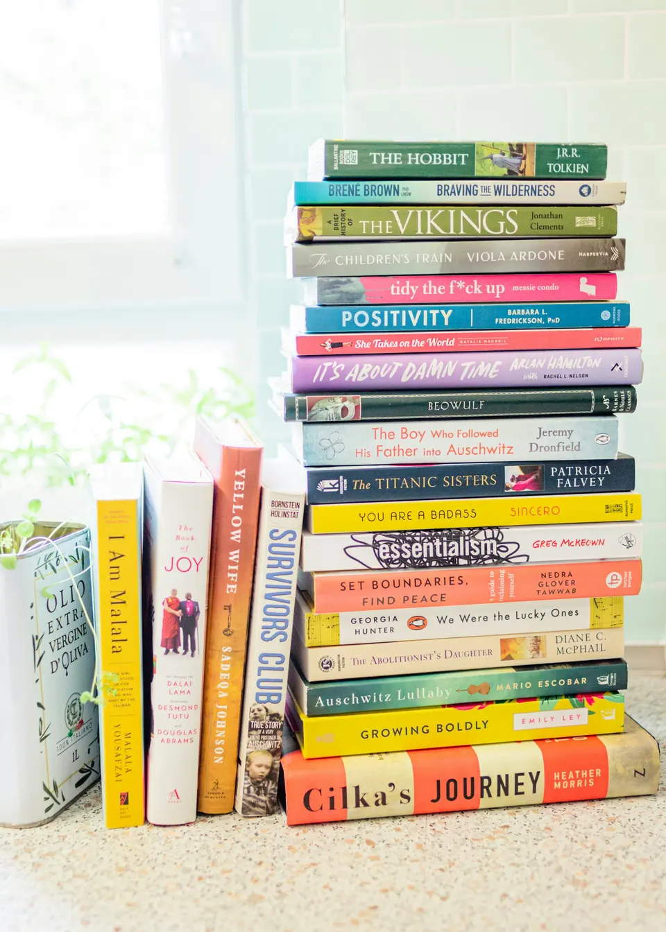 A stack of books beside upright books on a counter