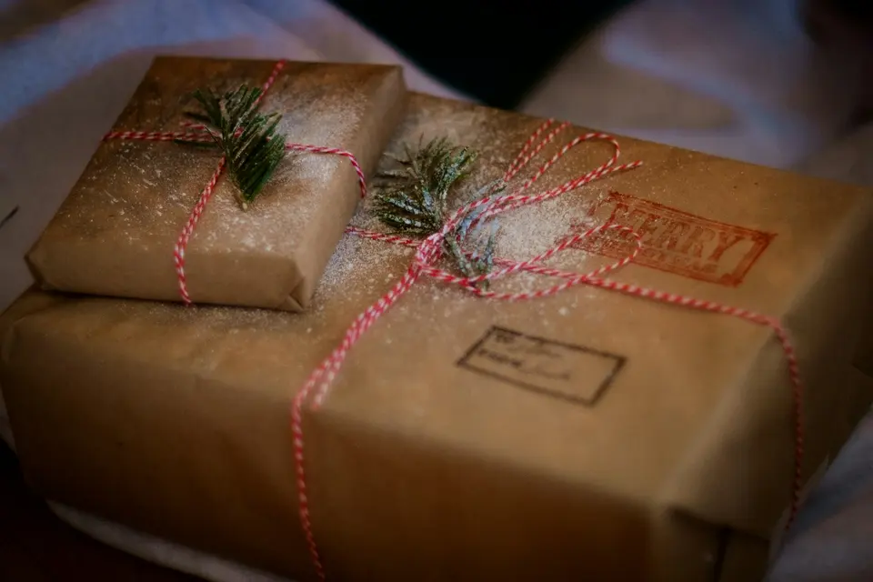 Brown gift box with ribbon