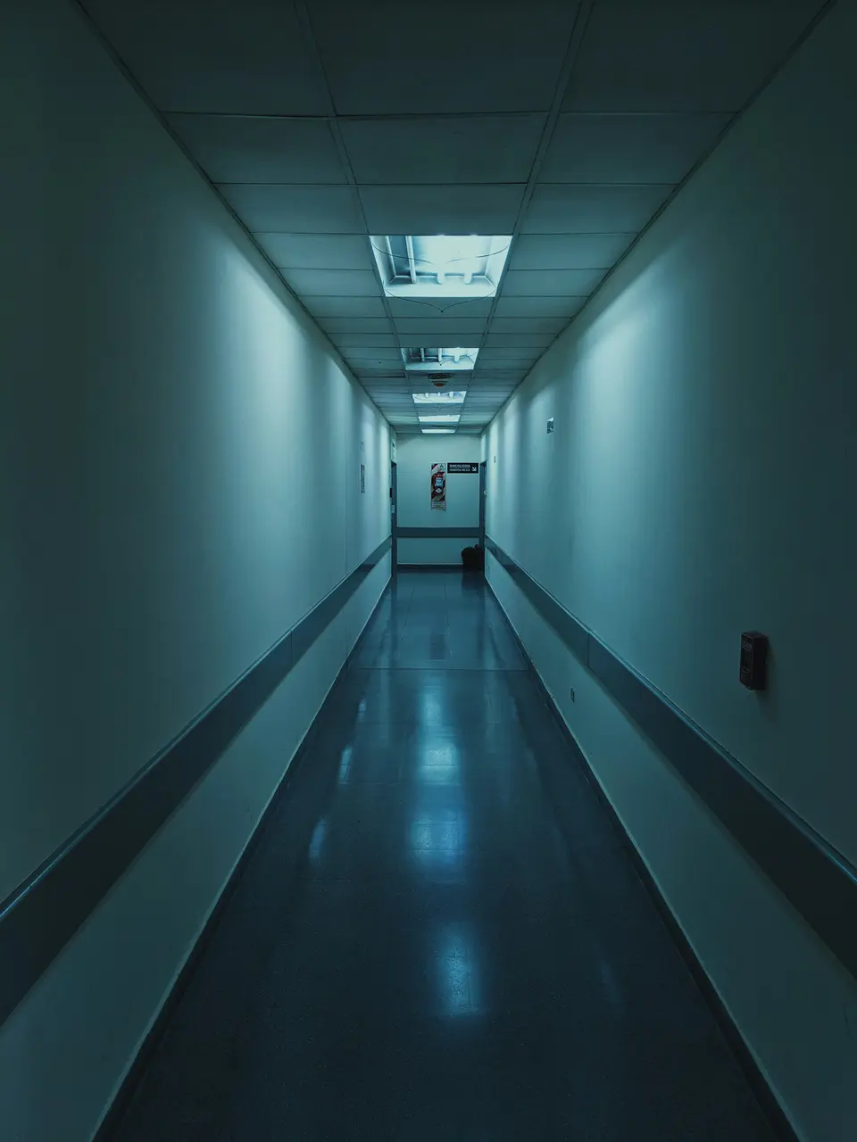A white hospital hallway lit with soft light