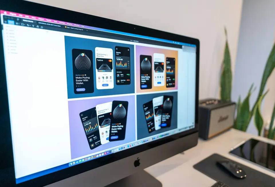 iMac displaying UI design work on a clean desk with a plant