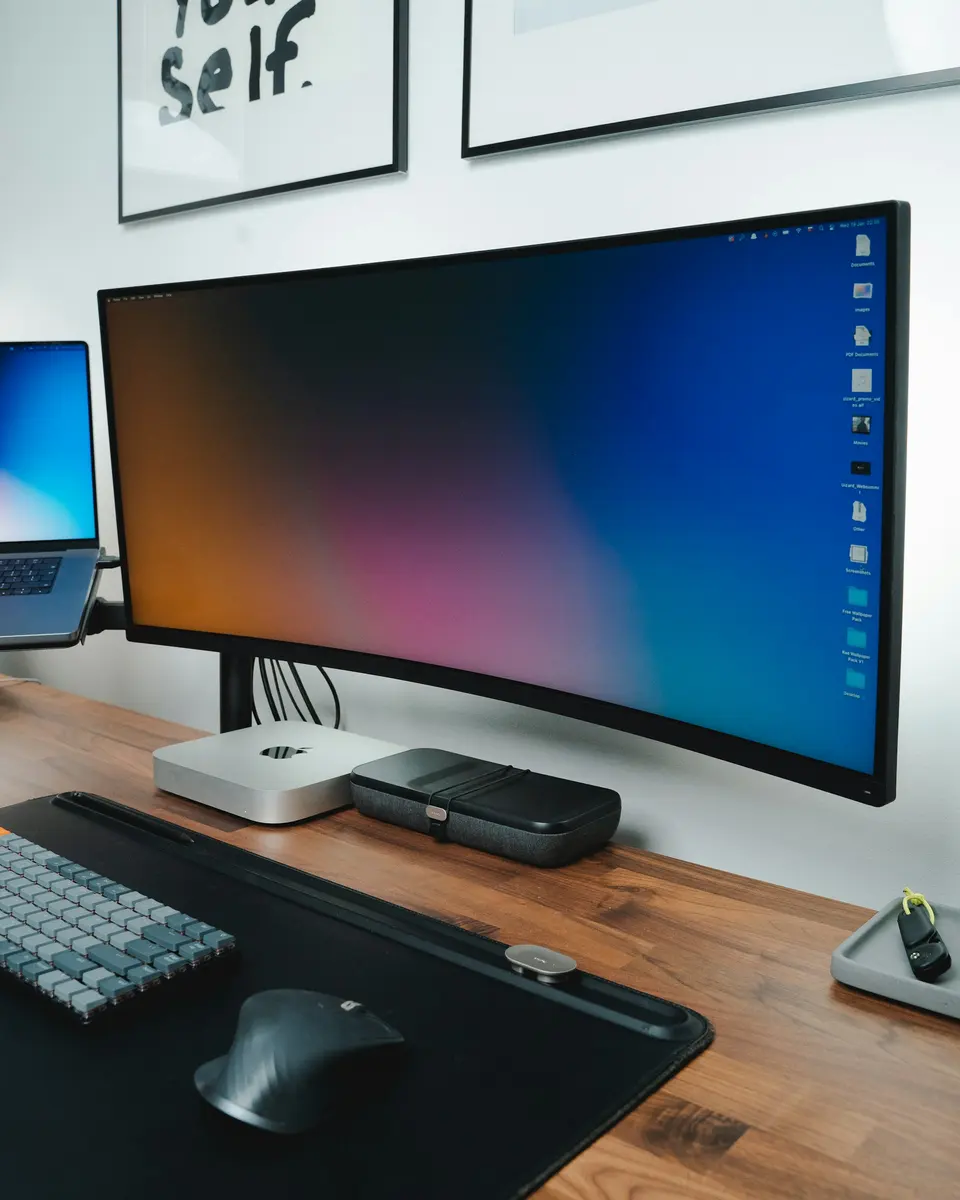 A curved monitor above a desk with a keyboard and mouse