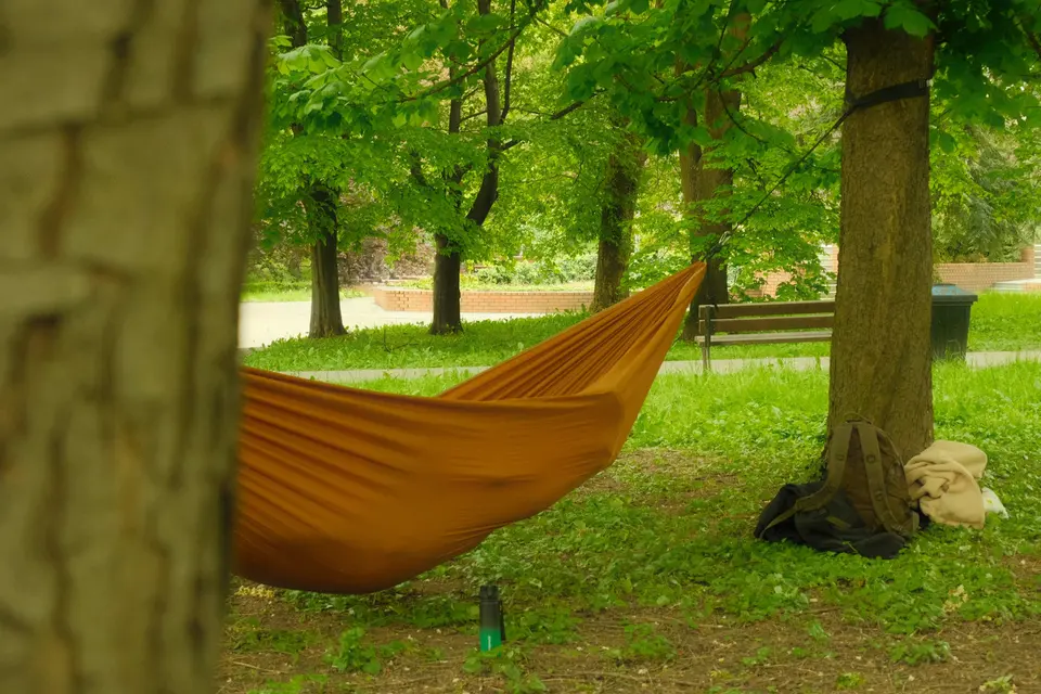 Empty orange hammock hanging between trees